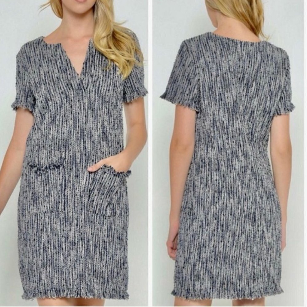 Easley women's L blue/white tweed textured split neck sheath dress w/ pockets